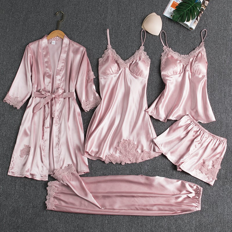 Lace Trim Nightwear Set with Robe, Cami, Slip, Shorts and Pants