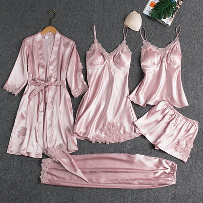 Lace Trim Nightwear Set with Robe, Cami, Slip, Shorts and Pants