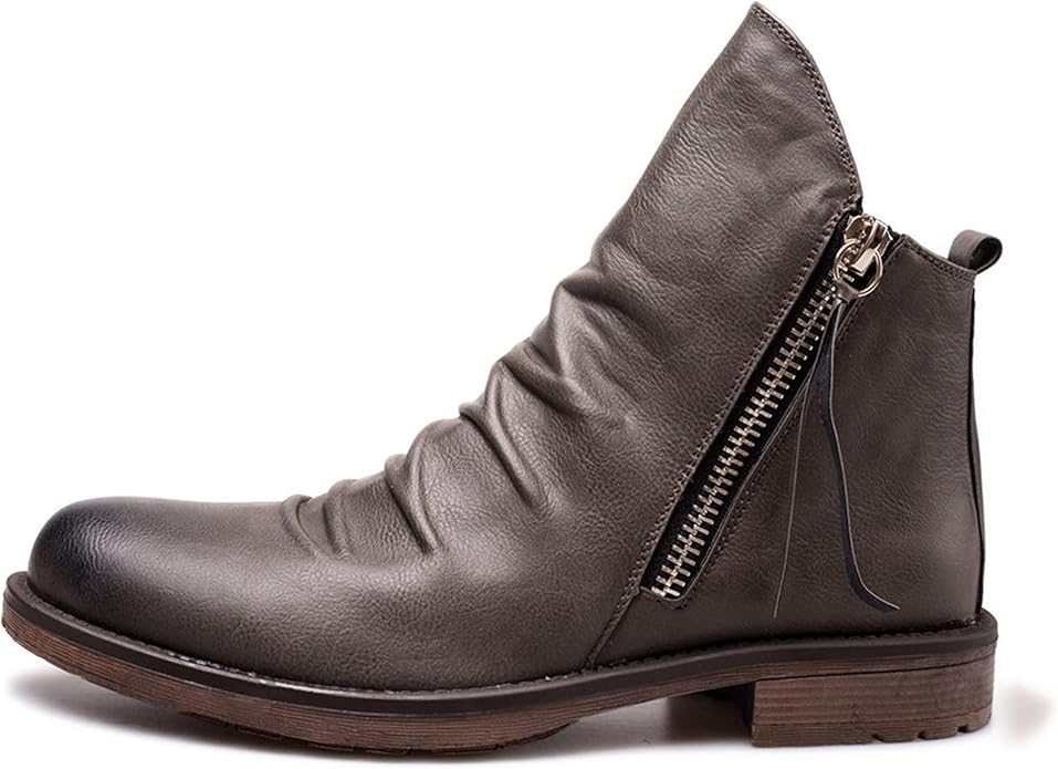 Men's Ankle Boots with Side Zip and Ruched Faux Leather Look