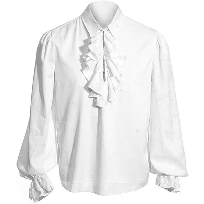Men's Baroque Ruffle Shirt with Stand-Up Collar, Ruffle Chest and Lace Cuffs