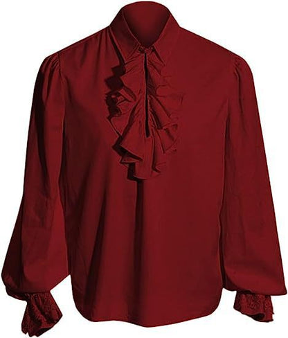 Men's Baroque Ruffle Shirt with Stand-Up Collar, Ruffle Chest and Lace Cuffs