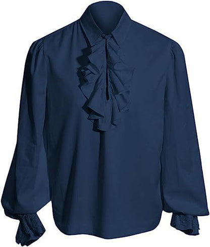 Men's Baroque Ruffle Shirt with Stand-Up Collar, Ruffle Chest and Lace Cuffs