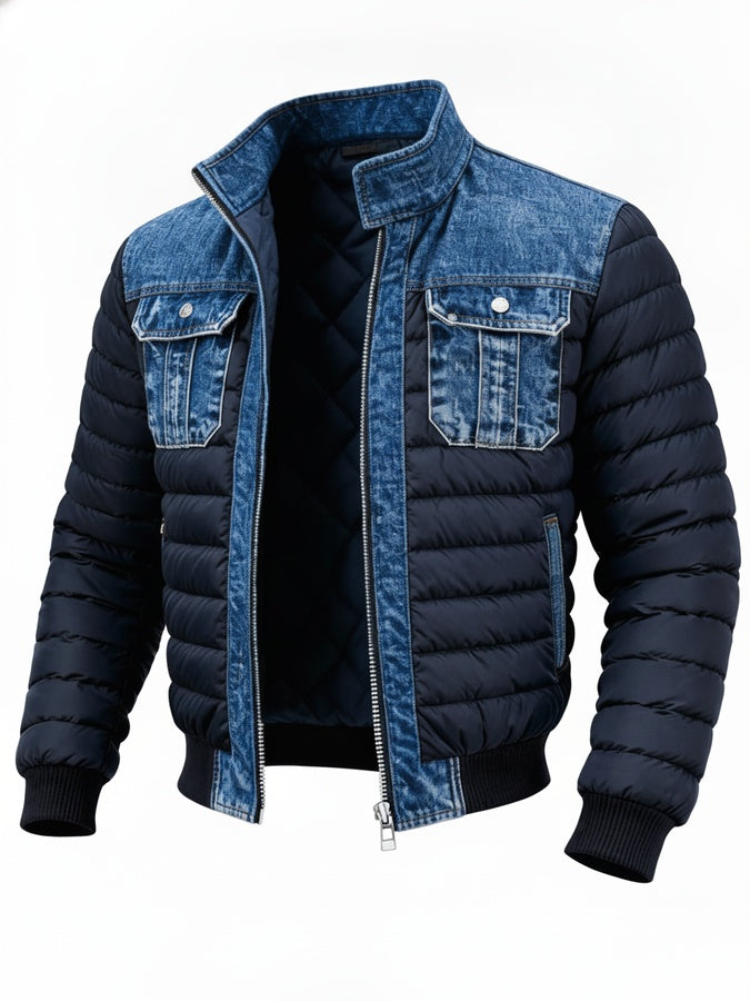 Men's Bomber Puffer Jacket with Stand Collar and Chest Pockets