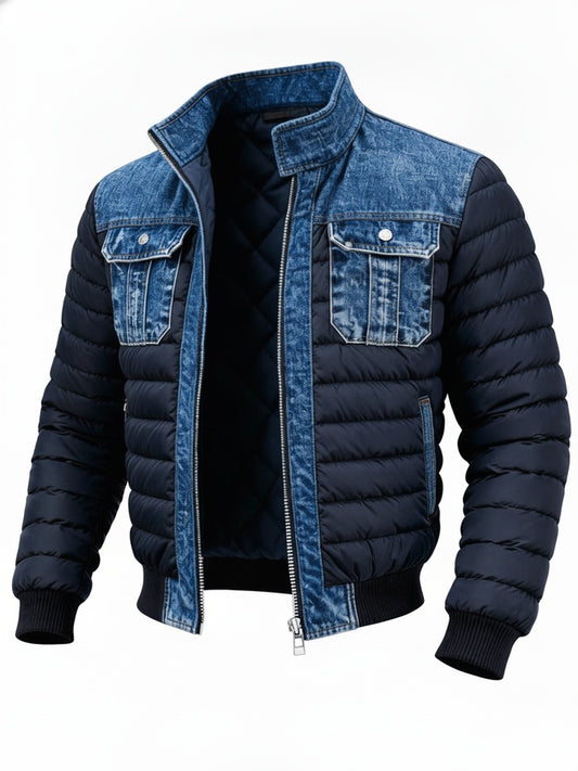 Men's Bomber Puffer Jacket with Stand Collar and Chest Pockets