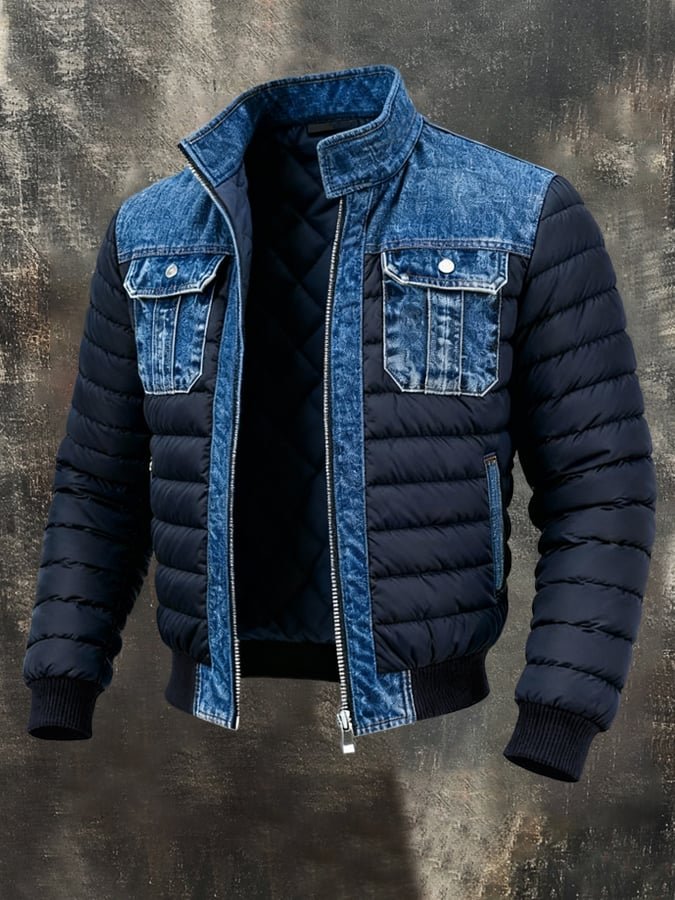Men's Bomber Puffer Jacket with Stand Collar and Chest Pockets
