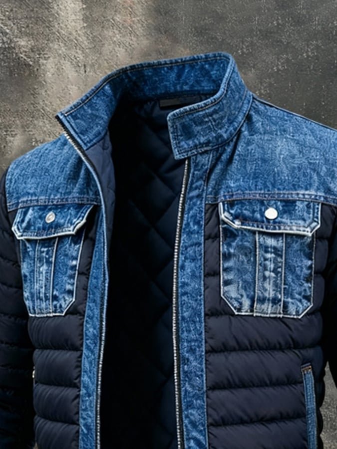 Men's Bomber Puffer Jacket with Stand Collar and Chest Pockets