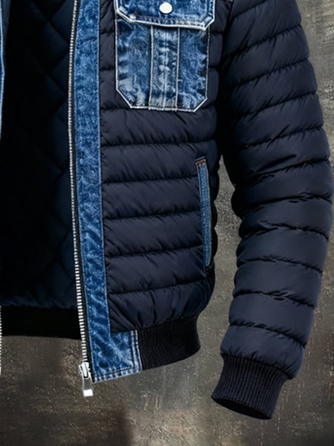 Men's Bomber Puffer Jacket with Stand Collar and Chest Pockets
