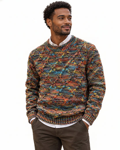 Men's Cable Knit Crew Neck Sweater with Marled Yarn and Diamond Pattern