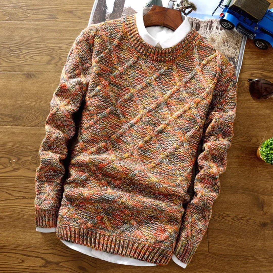 Men's Cable Knit Crew Neck Sweater with Marled Yarn and Diamond Pattern