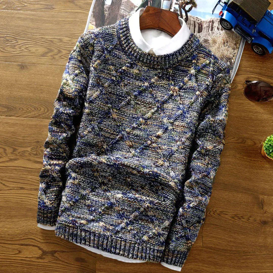 Men's Cable Knit Crew Neck Sweater with Marled Yarn and Diamond Pattern