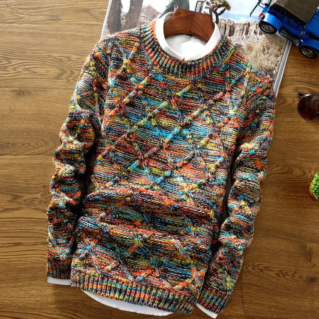 Men's Cable Knit Crew Neck Sweater with Marled Yarn and Diamond Pattern