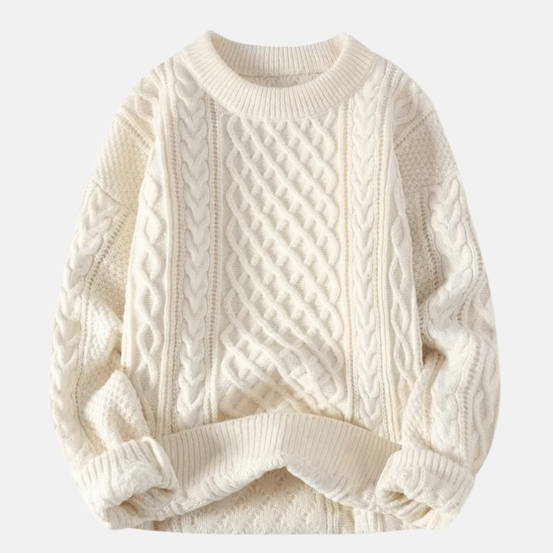 Men's Cable-Knit Crew Neck Sweater with Ribbed Cuffs and Hem