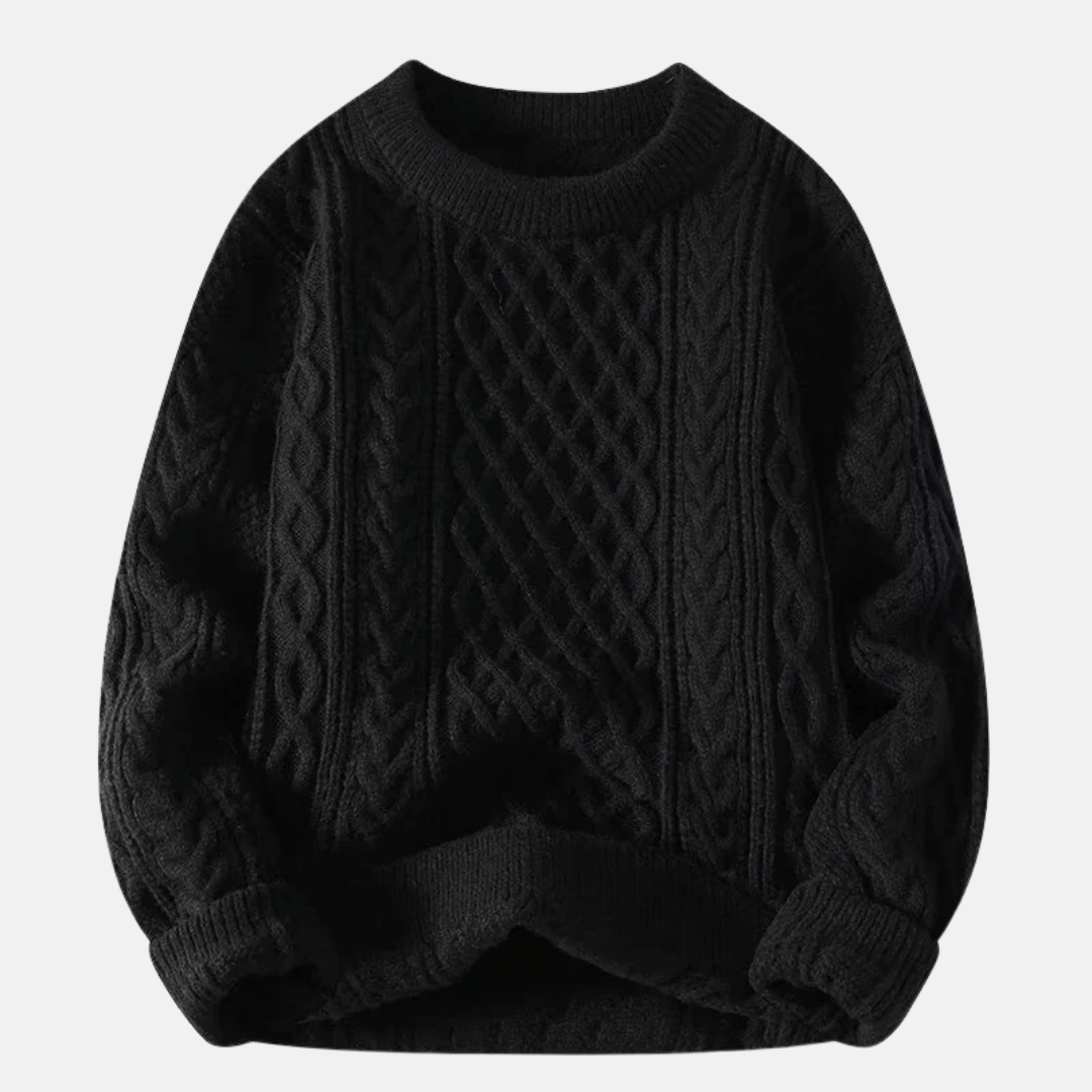 Men's Cable-Knit Crew Neck Sweater with Ribbed Cuffs and Hem