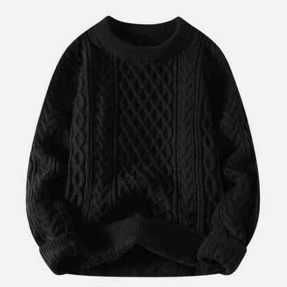 Men's Cable-Knit Crew Neck Sweater with Ribbed Cuffs and Hem