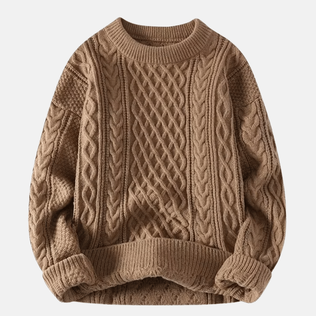 Men's Cable-Knit Crew Neck Sweater with Ribbed Cuffs and Hem