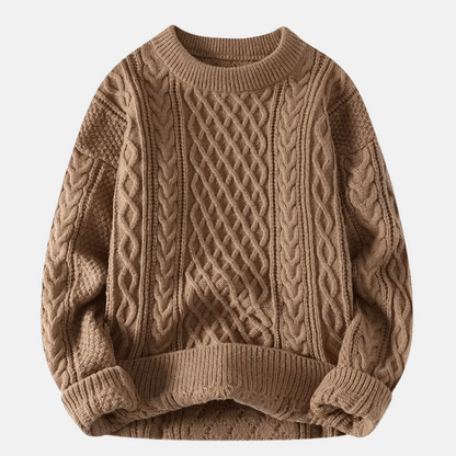 Men's Cable-Knit Crew Neck Sweater with Ribbed Cuffs and Hem