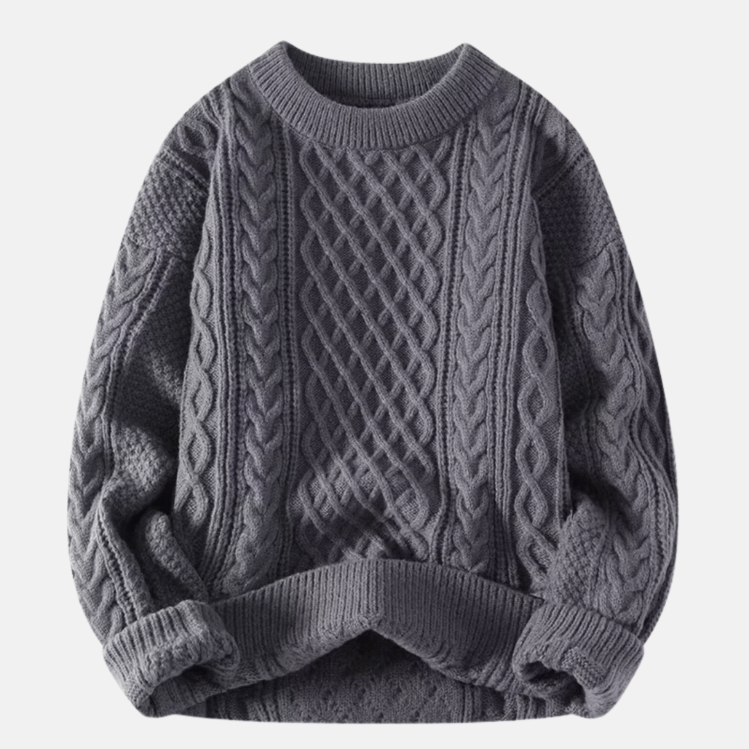 Men's Cable-Knit Crew Neck Sweater with Ribbed Cuffs and Hem