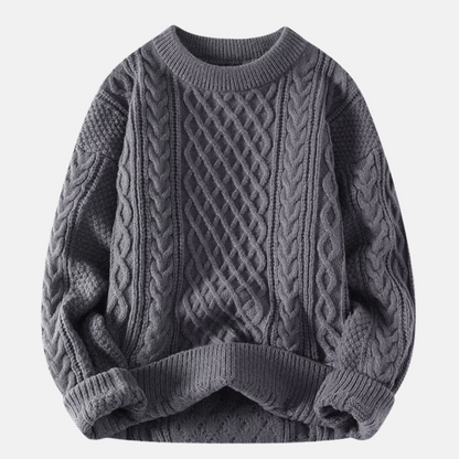 Men's Cable-Knit Crew Neck Sweater with Ribbed Cuffs and Hem