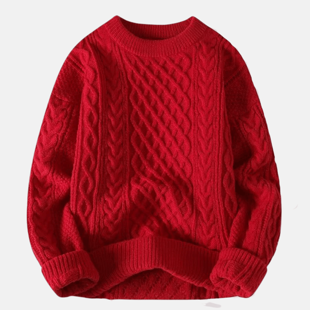 Men's Cable-Knit Crew Neck Sweater with Ribbed Cuffs and Hem