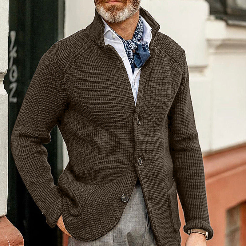 Men's Cardigan with Stand Collar and Button Closure, Long Sleeve