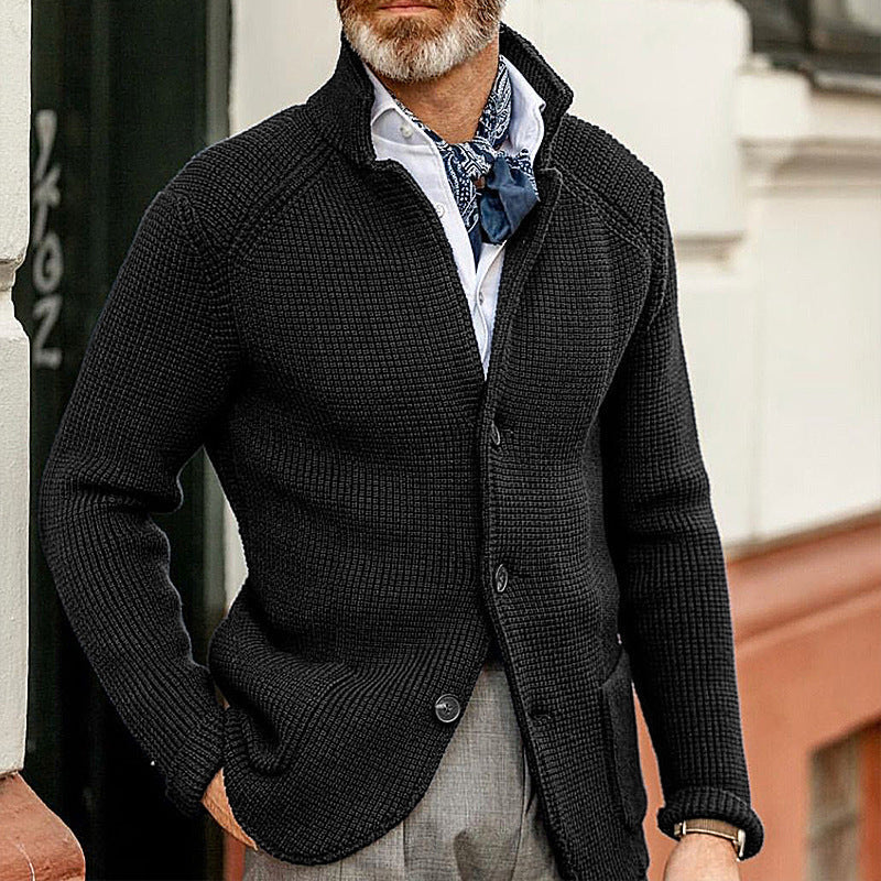 Men's Cardigan with Stand Collar and Button Closure, Long Sleeve