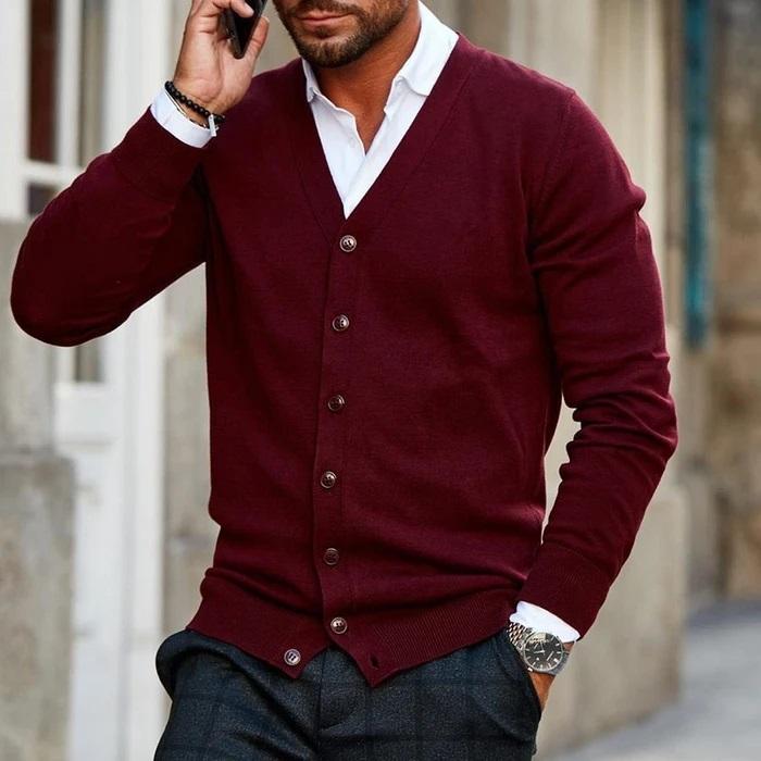 Men's Cardigan with V-Neck and Button Closure