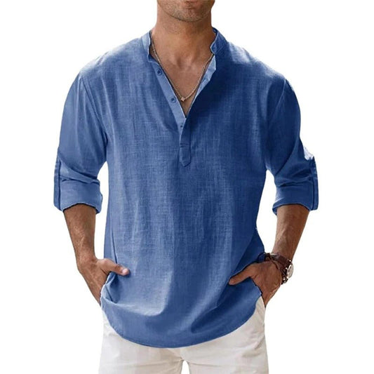 Men's Casual Long Sleeve Henley Shirt with Mao Collar - 1
