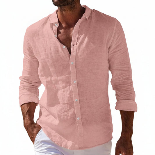 Men's Casual Long Sleeve Shirt with Mao Collar and Buttons - 1