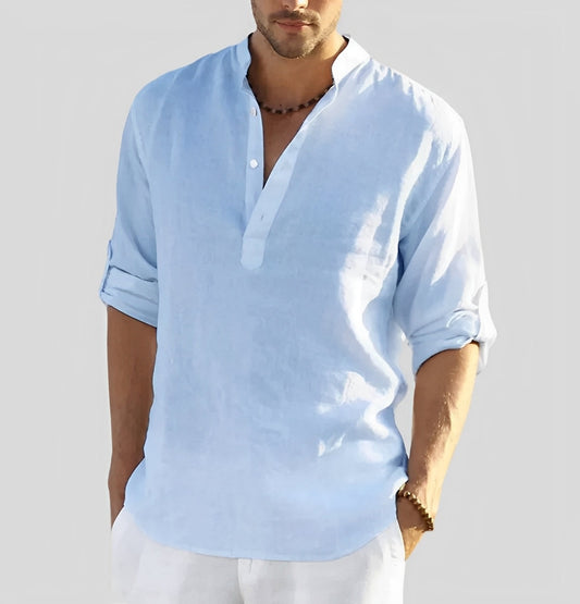Men's Casual Long Sleeve Shirt with Mao Collar and Partial Button Placket - 1