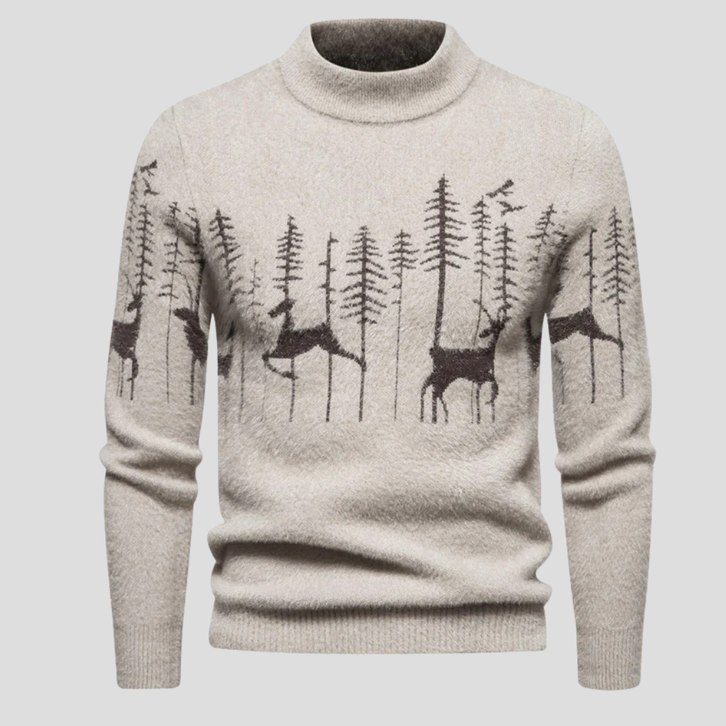 Men's Christmas Sweater with Mock Neck and Reindeer Forest Pattern