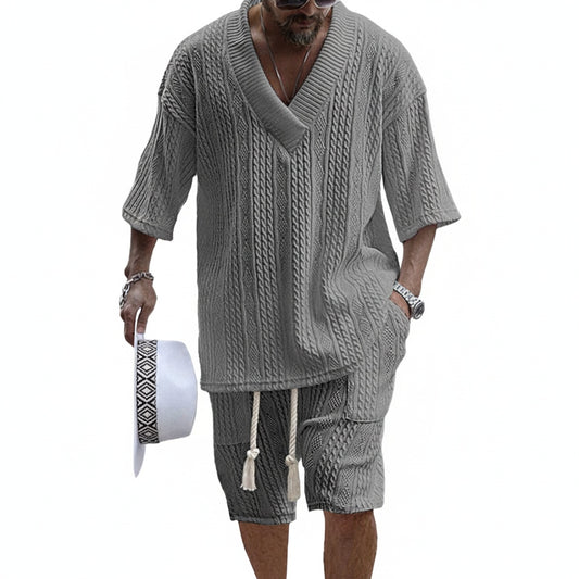 Men's Coordinated V-Neck Set with Shorts and Drawstring - 1
