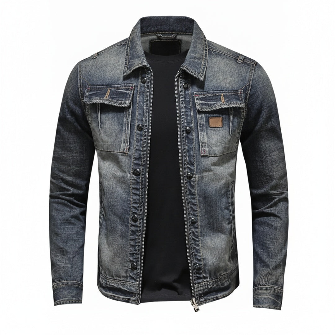 Men's Denim Jacket with Zip Closure, Spread Collar and Chest Pockets