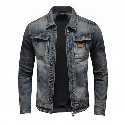 Men's Denim Jacket with Zip Closure, Spread Collar and Chest Pockets