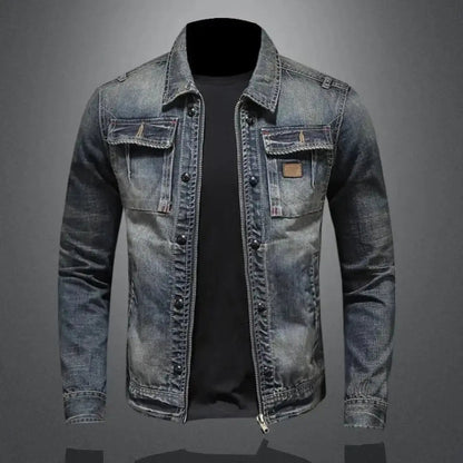 Men's Denim Jacket with Zip Closure, Spread Collar and Chest Pockets