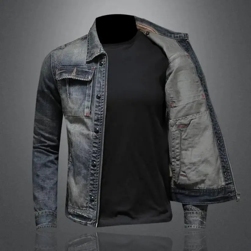 Men's Denim Jacket with Zip Closure, Spread Collar and Chest Pockets