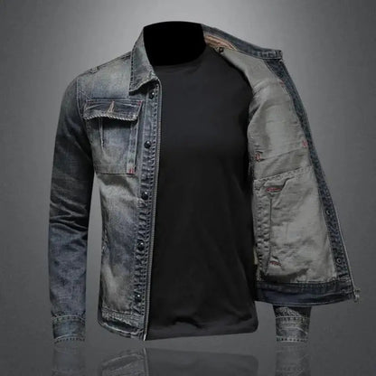 Men's Denim Jacket with Zip Closure, Spread Collar and Chest Pockets