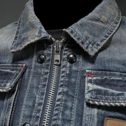 Men's Denim Jacket with Zip Closure, Spread Collar and Chest Pockets