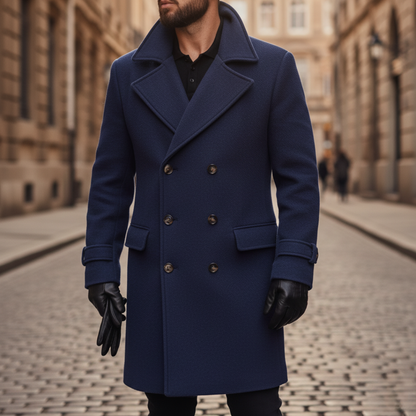 Men's Double-Breasted Pea Coat with Peaked Lapels and Hip Pockets