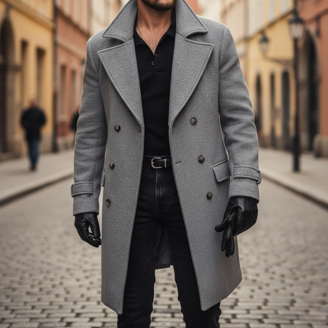 Men's Double-Breasted Pea Coat with Peaked Lapels and Hip Pockets