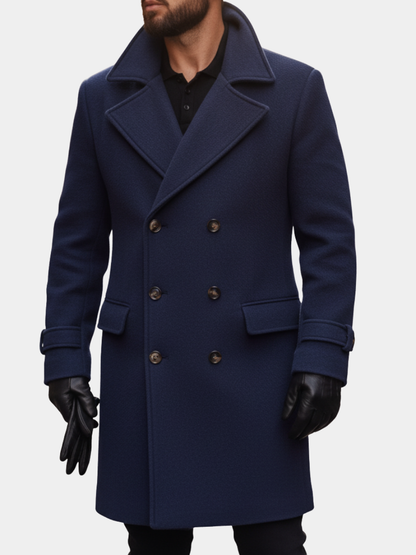 Men's Double-Breasted Pea Coat with Peaked Lapels and Hip Pockets
