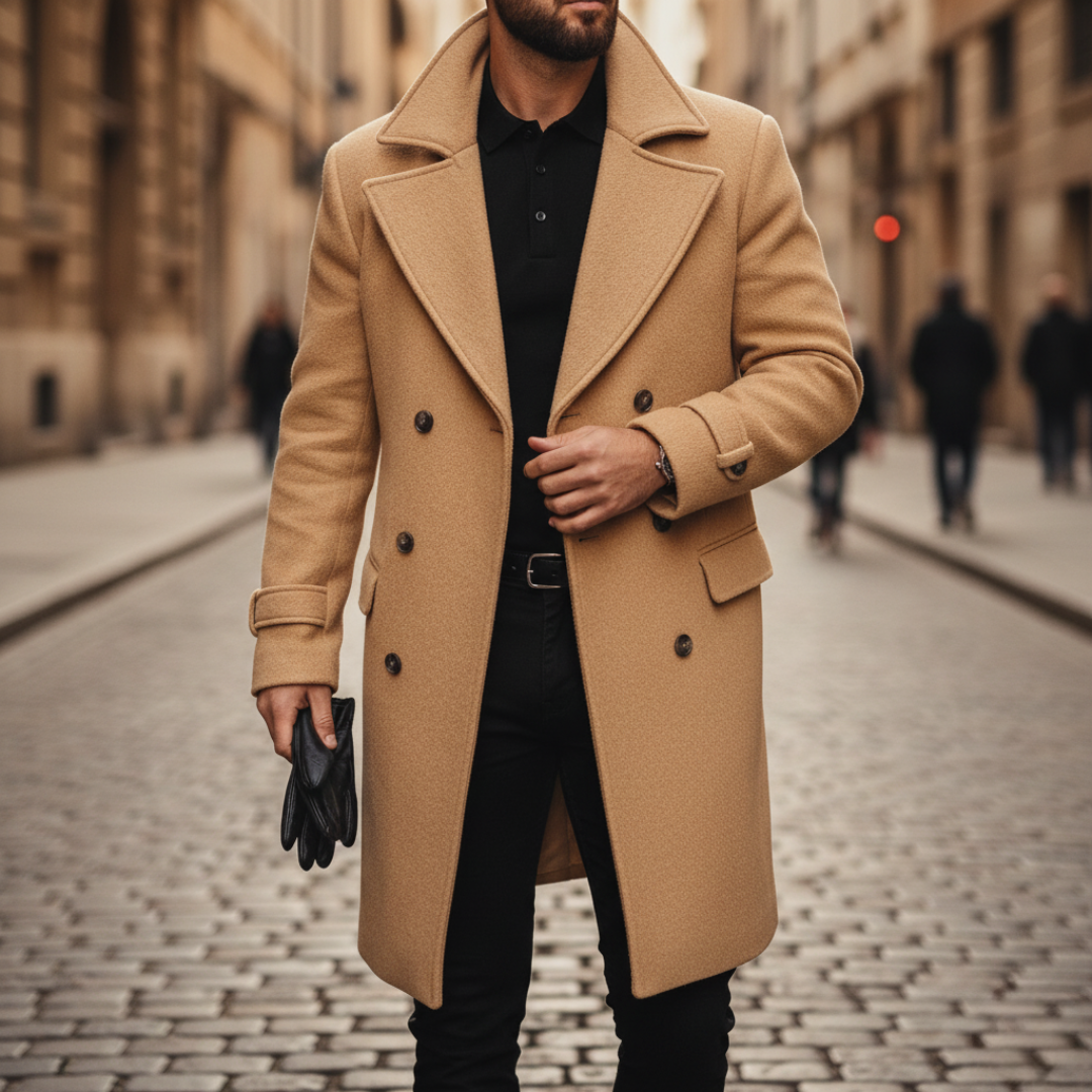 Men's Double-Breasted Pea Coat with Peaked Lapels and Hip Pockets