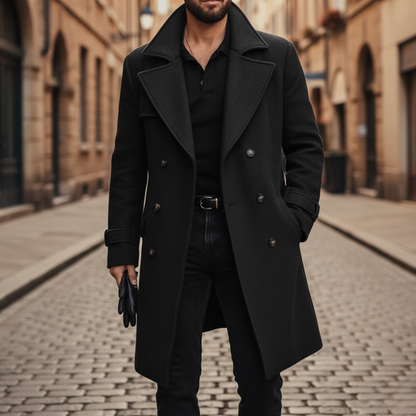 Men's Double-Breasted Pea Coat with Peaked Lapels and Hip Pockets