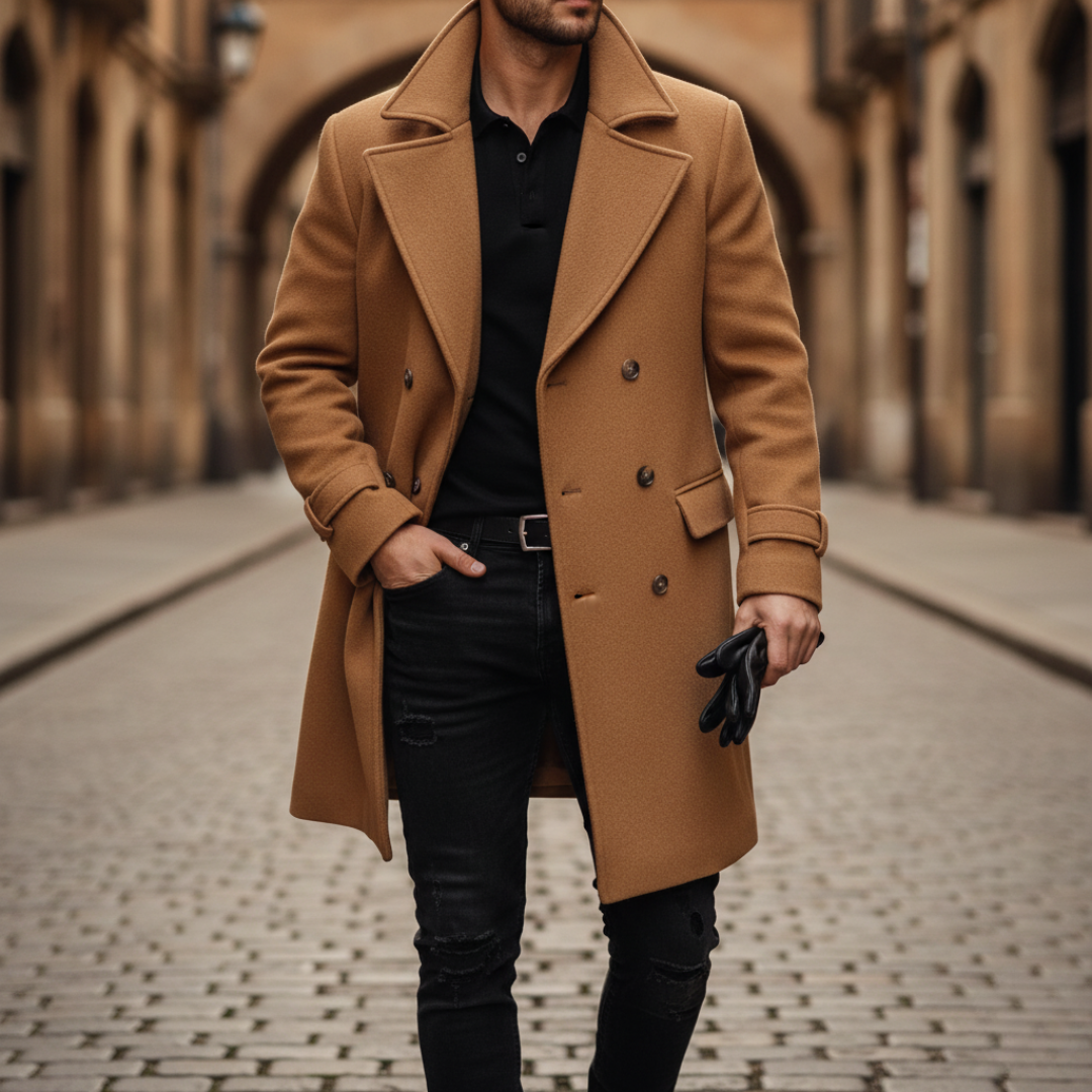 Men's Double-Breasted Pea Coat with Peaked Lapels and Hip Pockets