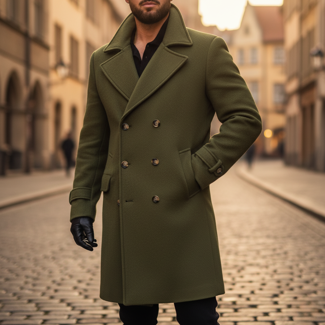 Men's Double-Breasted Pea Coat with Peaked Lapels and Hip Pockets