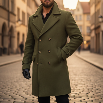 Men's Double-Breasted Pea Coat with Peaked Lapels and Hip Pockets