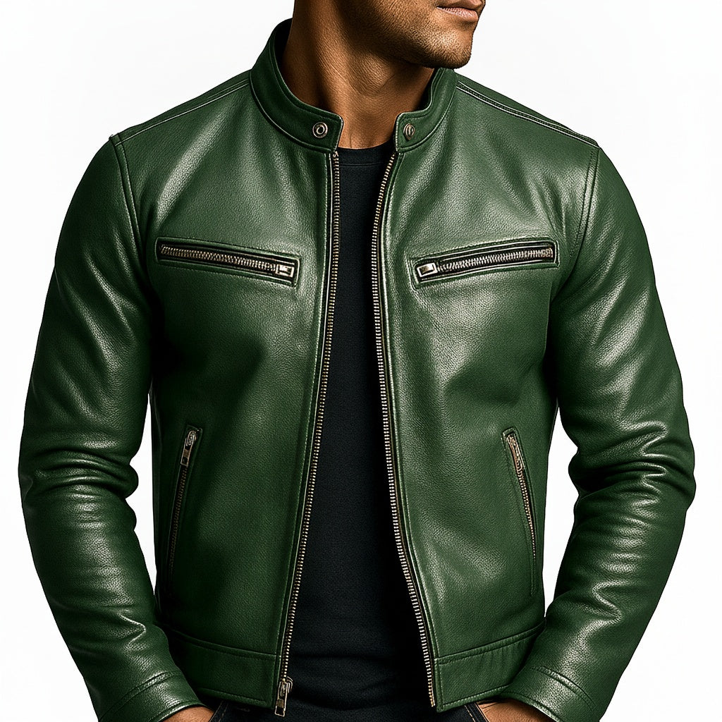 Men's Faux Leather Biker Jacket with Stand Collar and Zip Closure