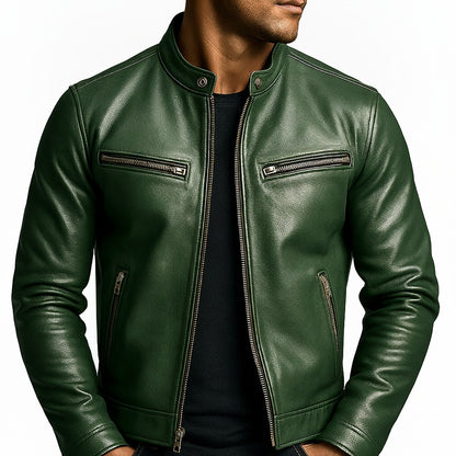 Men's Faux Leather Biker Jacket with Stand Collar and Zip Closure