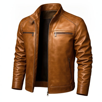 Men's Faux Leather Biker Jacket with Stand Collar and Zip Closure