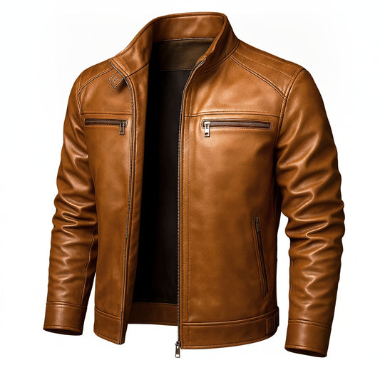 Men's Faux Leather Biker Jacket with Stand Collar and Zip Closure