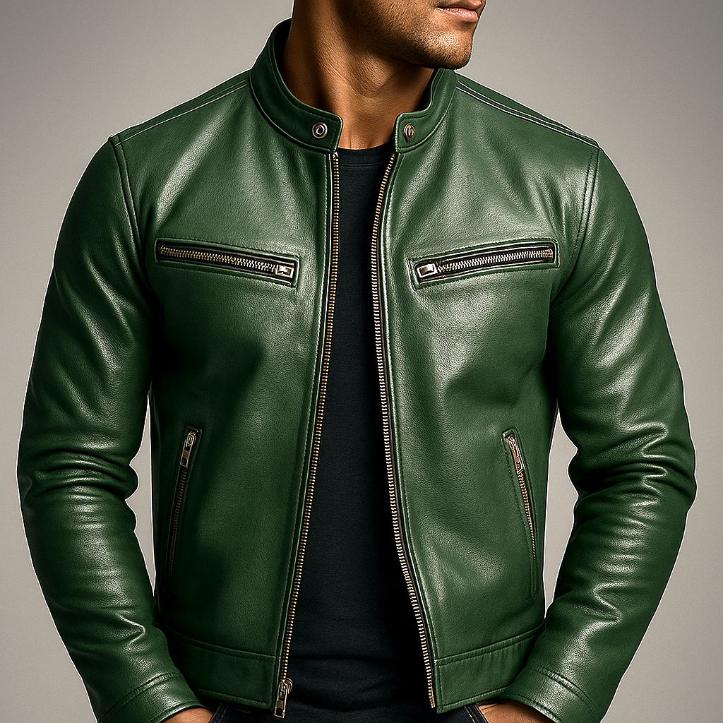 Men's Faux Leather Biker Jacket with Stand Collar and Zip Closure
